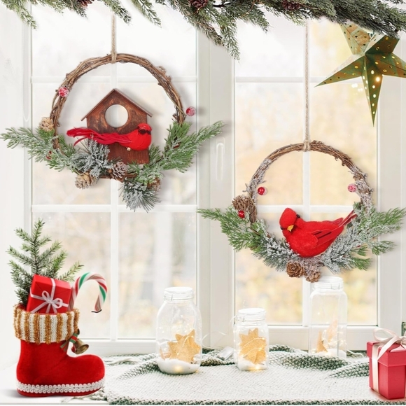 2pcs Christmas Wreath with Cardinal, 9-inch Cardinal Holiday Wreath - Picture 4 of 6